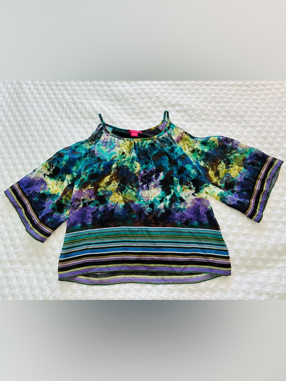 Sunny Leigh Teal, Purple & Yellow Cold-Shoulder Abstract Print Top
